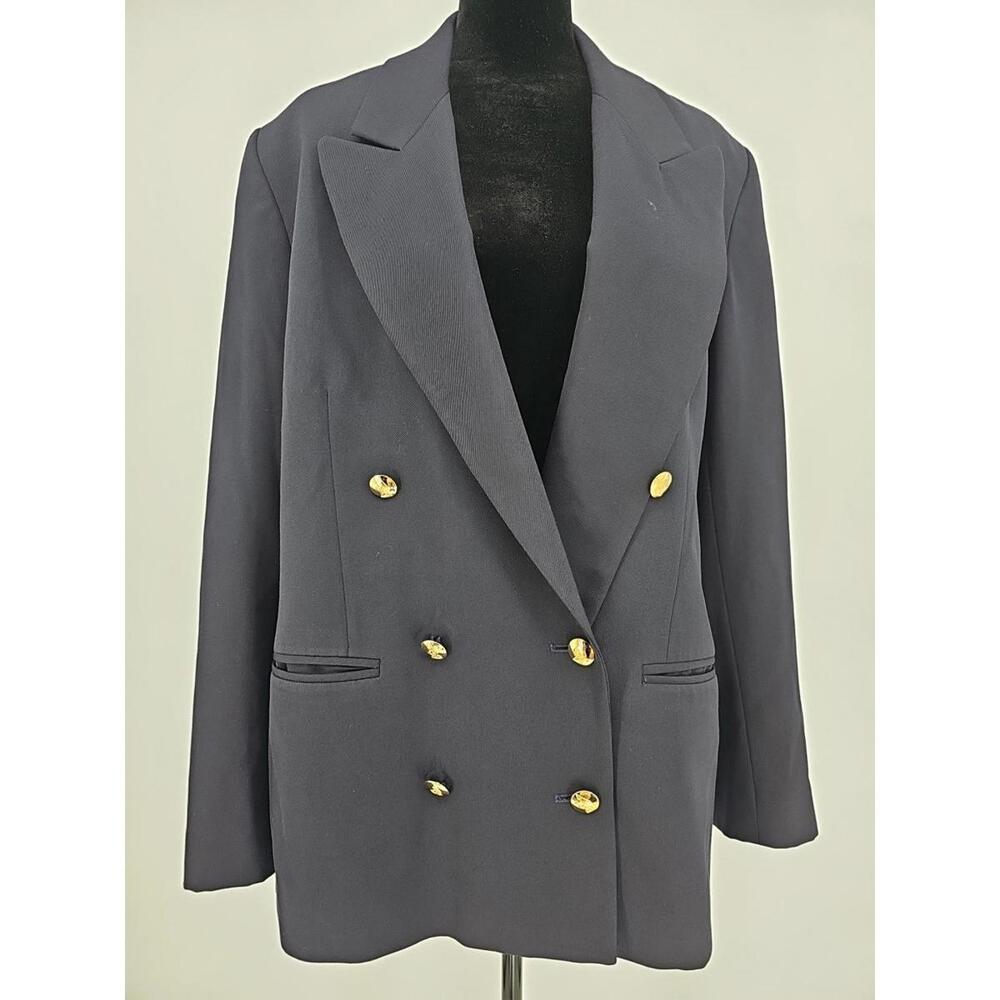 Austin Reed Wool Blazer 12 Navy Double Breasted Jacket Gold Buttons Old Money